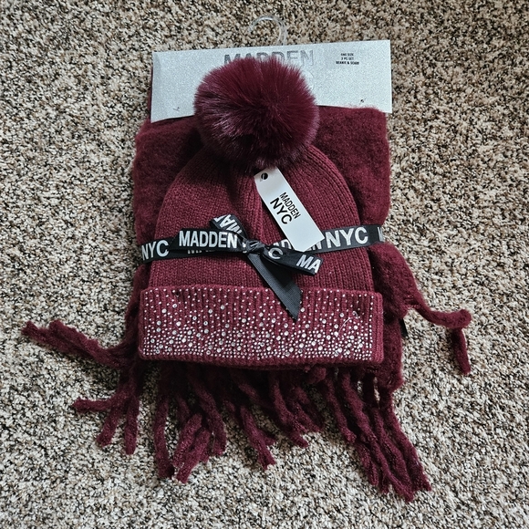 Madden NYC Accessories - Madden NYC Burgundy Beanie and Scarf Set One Size